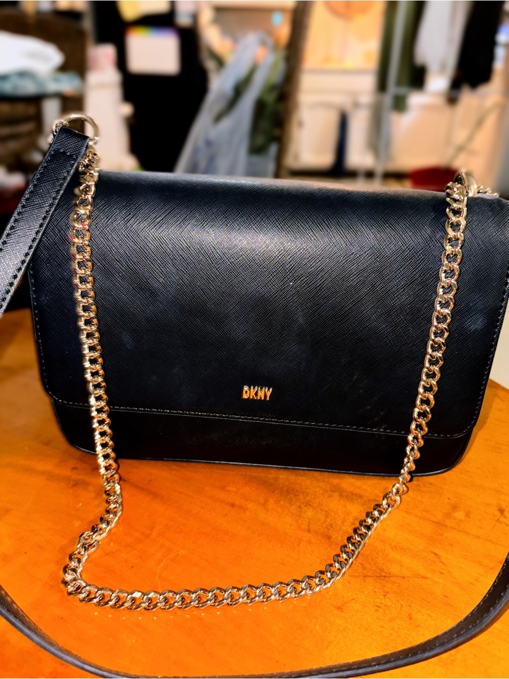 DKNY Black Leather Crossbody with Gold Chain Strap